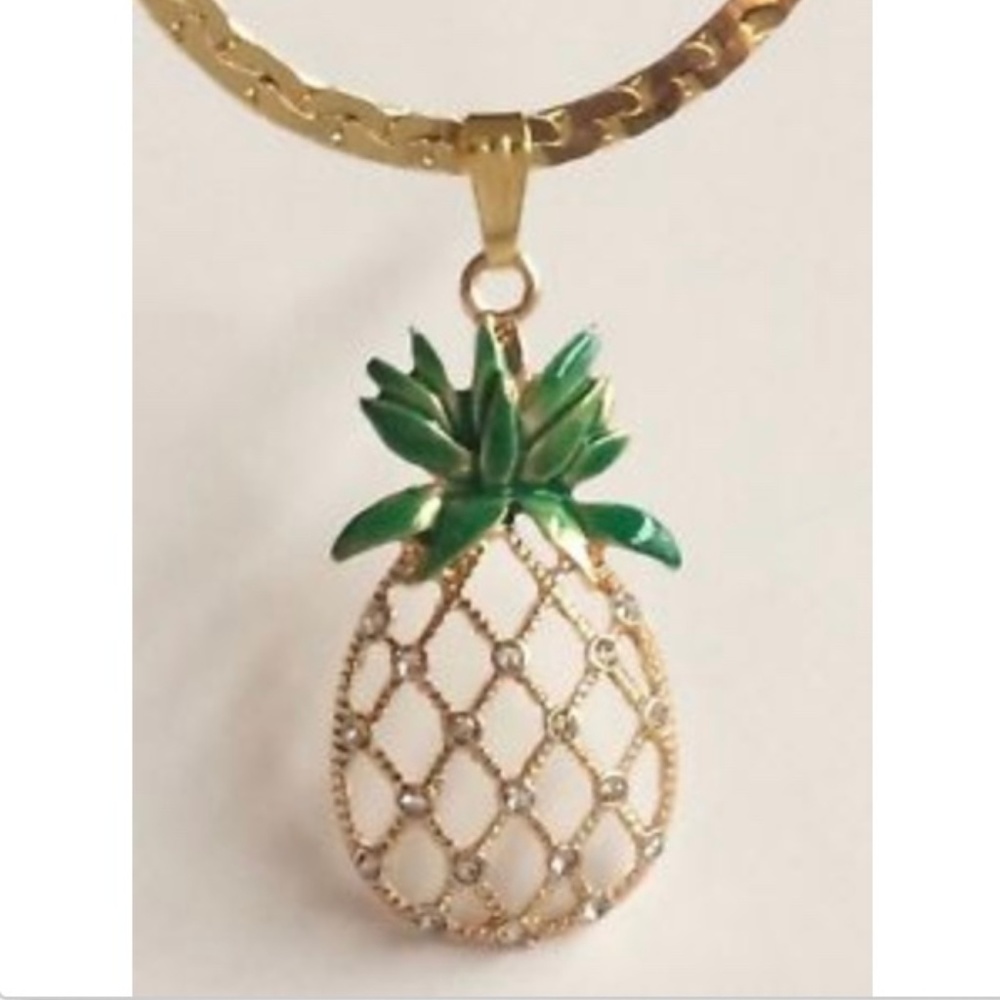 Gold Crystal Pineapple Necklace 19" Pendant Hawaii